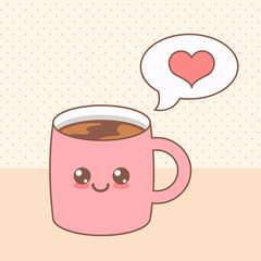 Kawaii emoji with cheeks and eyes. Colored beautiful doodle cup character in flat designs cute cartoon face. Hot coffee tea.