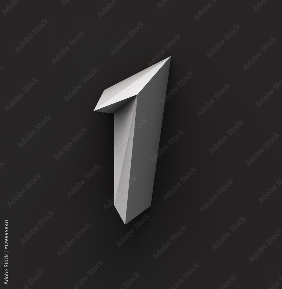 Poster monochrome paper polygonal font on dark grey background. number 1. 3d rendering