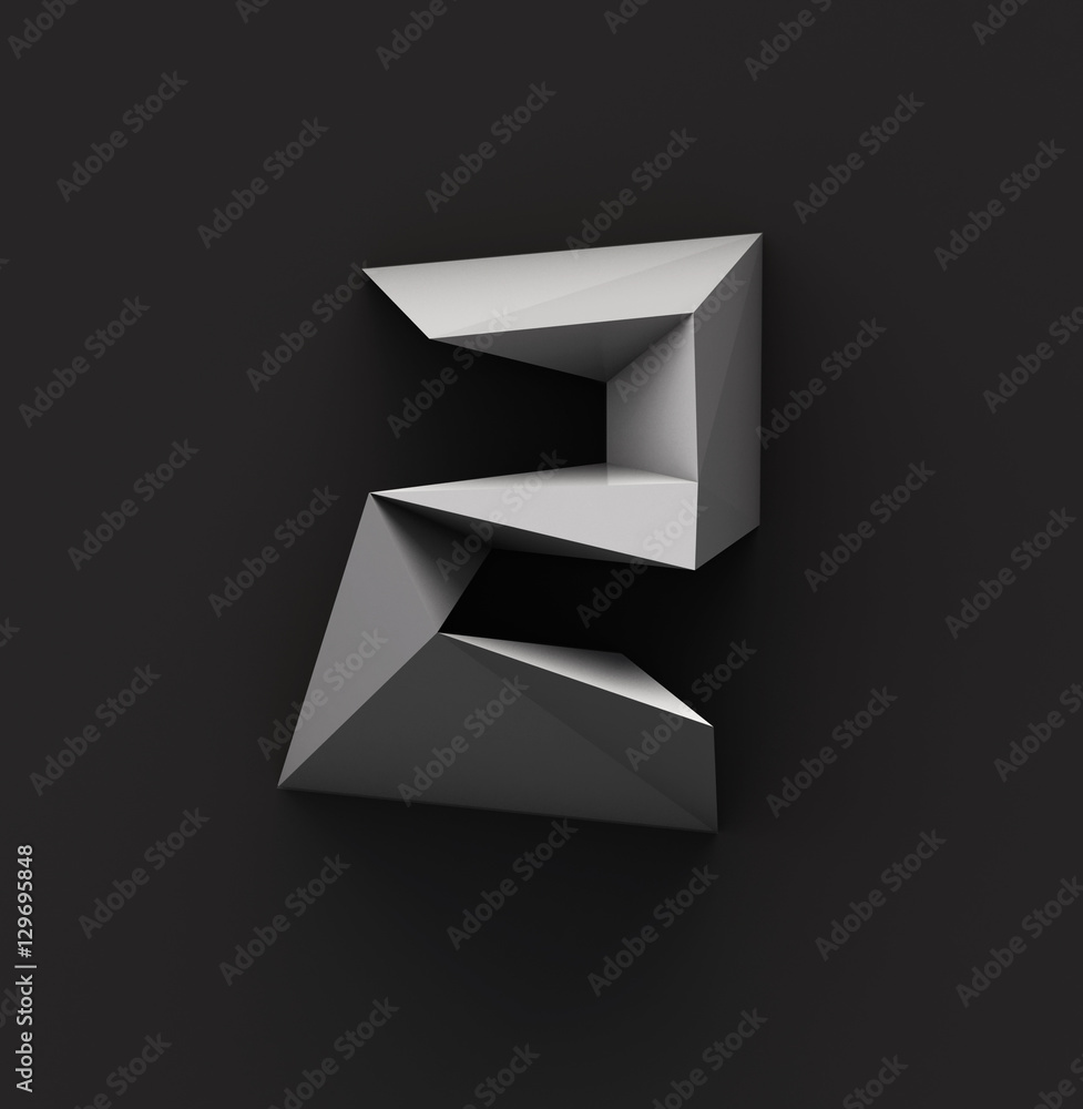 Poster monochrome paper polygonal font on dark grey background. number 2. 3d rendering