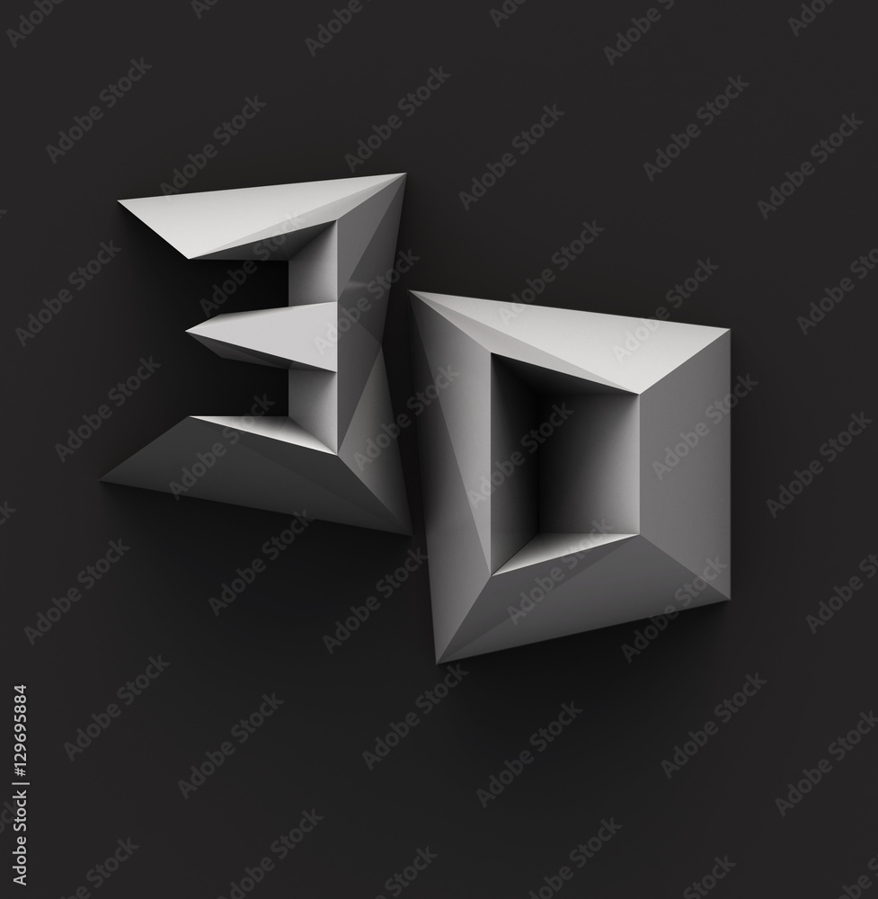 Poster 3d text concept with low poly monochrome paper font, isolated on dark background. 3d rendering