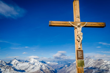 Wood cross with Jesus on Klein Matterhorn