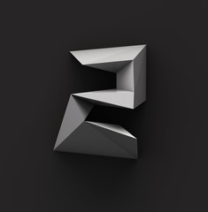 Monochrome Paper Polygonal Font on Dark Grey Background. Number 2. 3d rendering
