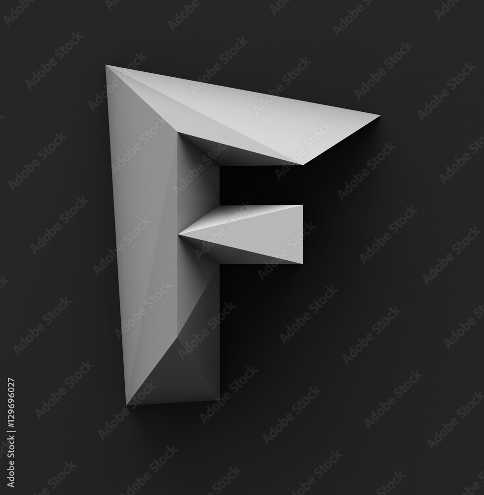 Poster monochrome paper polygonal font on dark grey background. logo concept. letter f. 3d rendering