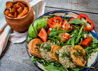 Arugula, vegan lentil fried cutlets, baked sweet potato, tomato, avocado, pepper.  Perfect for the detox diet or just a healthy meal.  Love for a healthy raw food concept.