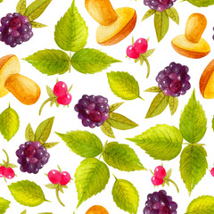 Seamless pattern with berries, leaf and mushrooms. Colorful illustration. Watercolor handpainted texture on white background for wallpaper, blogs,cover