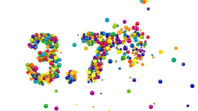 Dynamic brightly colored 3.7 percent icon and numbers formed of multiple round balls in a random pattern isolated on white for a decorative design template for advertising