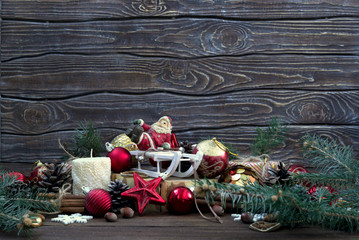 Christmas card from Christmas toys and twigs of Christmas tree