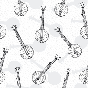Black and White Seamless Pattern with Banjos