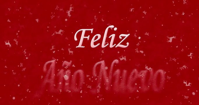 Happy New Year text in Spanish "Feliz ano nuevo" formed from dust and turns to dust horizontally on red animated background
