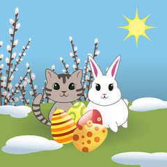 Cute cat and bunny with easter eggs