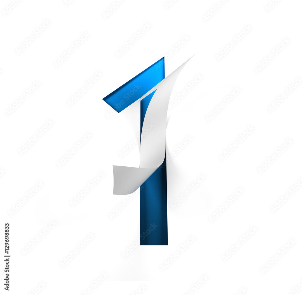 Poster curl paper font on cut out background. number 1. 3d rendering