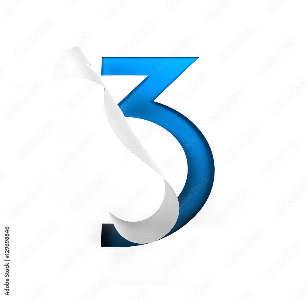 Fototapete curl paper font on cut out background. number 3. 3d rendering