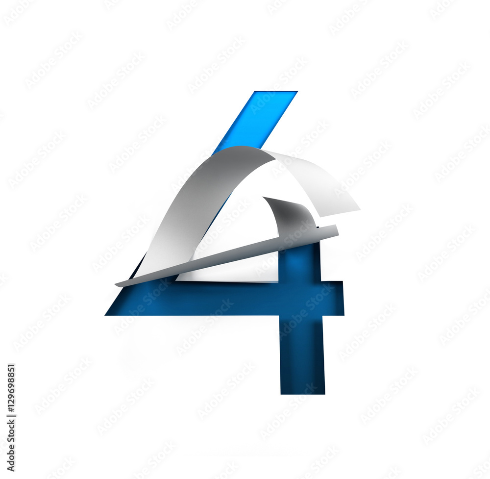 Poster curl paper font on cut out background. number 4. 3d rendering