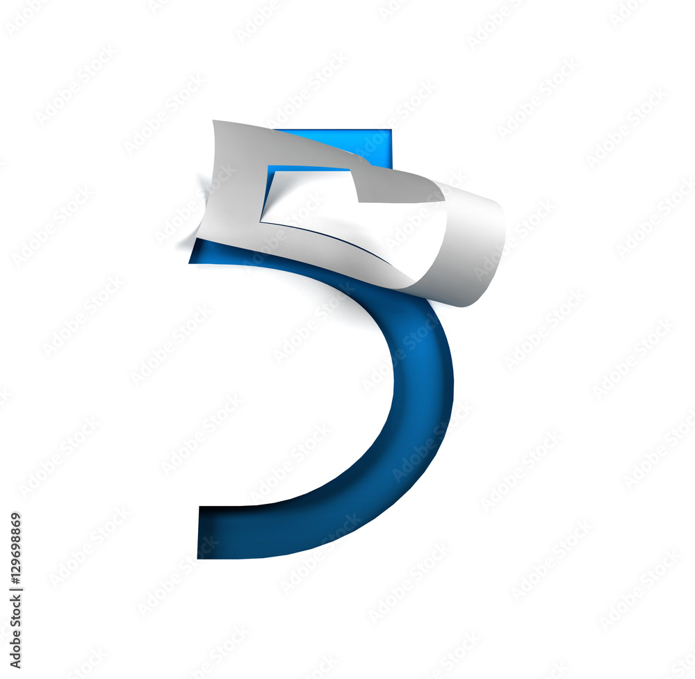 Fototapete Curl Paper Font on cut out background. Number 5. 3d rendering