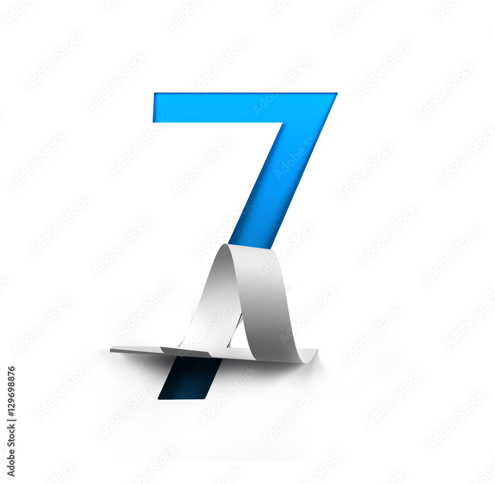 Poster curl paper font on cut out background. number 7. 3d rendering