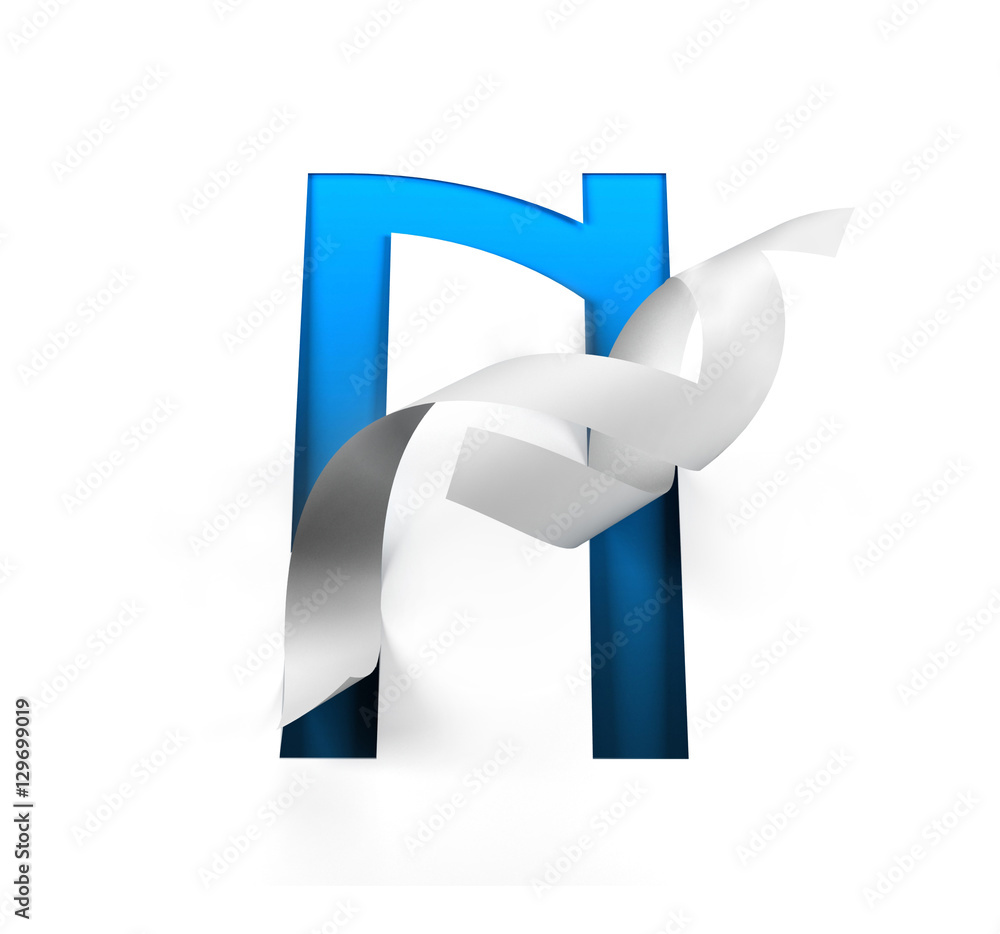 Fototapete Curl Paper Font on cut out background. letter N. 3d rendering