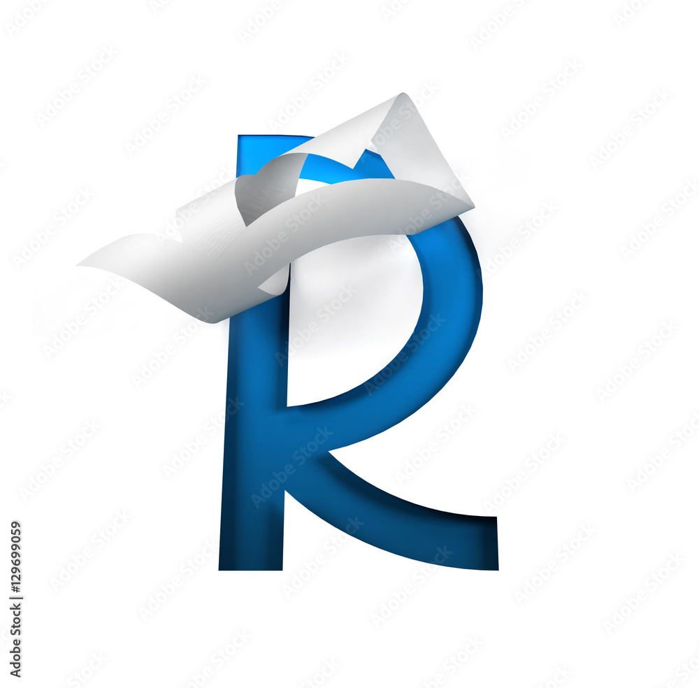 Poster curl paper font on cut out background. letter r. 3d rendering