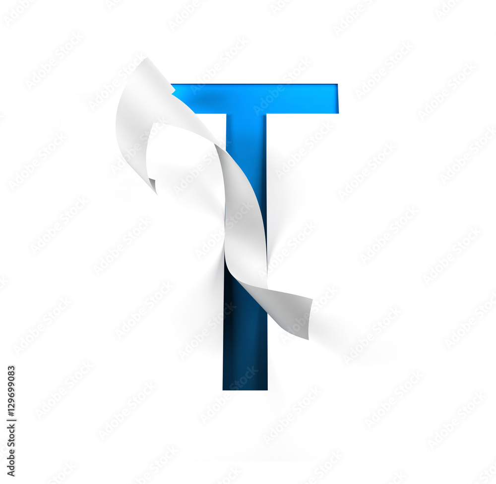 Poster curl paper font on cut out background. letter t. 3d rendering