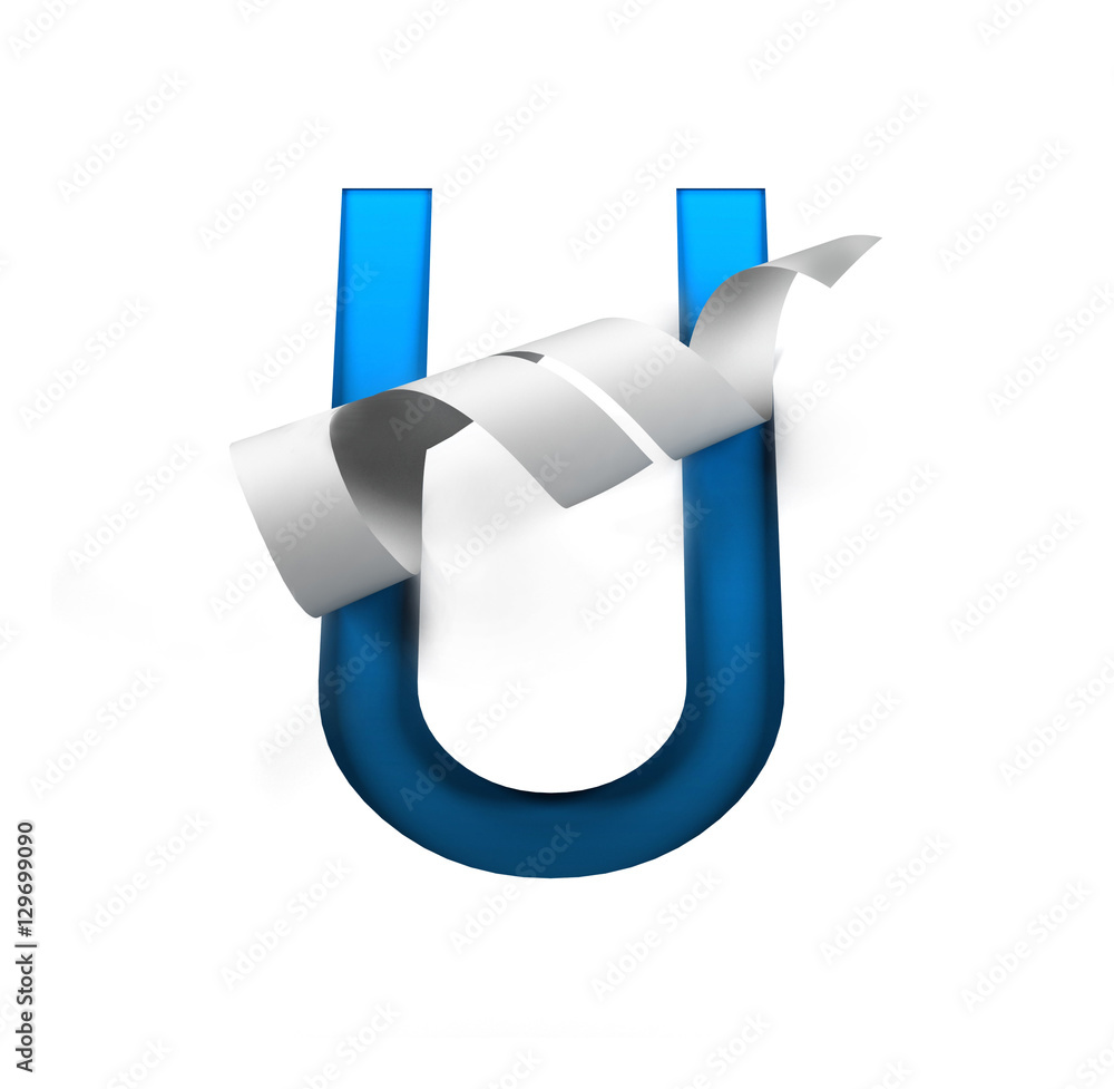 Poster curl paper font on cut out background. letter u. 3d rendering