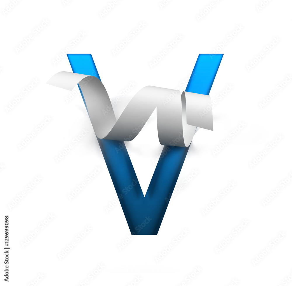 Poster curl paper font on cut out background. letter v. 3d rendering