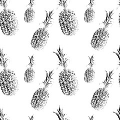 Seamless pattern with white pineapples on black background. Vector illustration