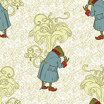 Fairy background. Seamless pattern. Frog in jacket