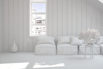 White room with sofa. Scandinavian interior design