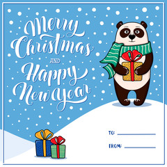 Merry Christmas and Happy New Year greeting card with panda, gifts, snow, lettering and place for signing To and From, cartoon vector illustration. Xmas and New Year greeting card design with a panda