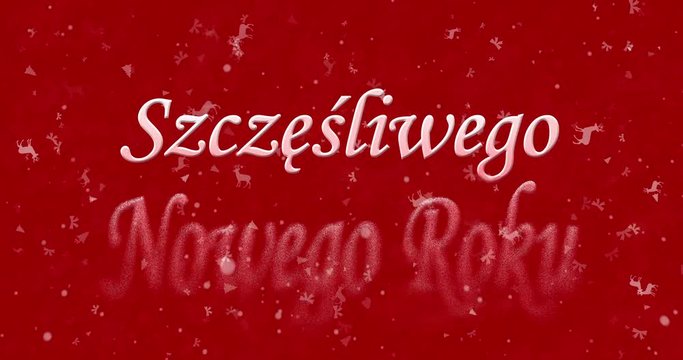 Happy New Year text in Polish "Szczesliwego Nowego Roku" formed from dust and turns to dust horizontally on red animated background
