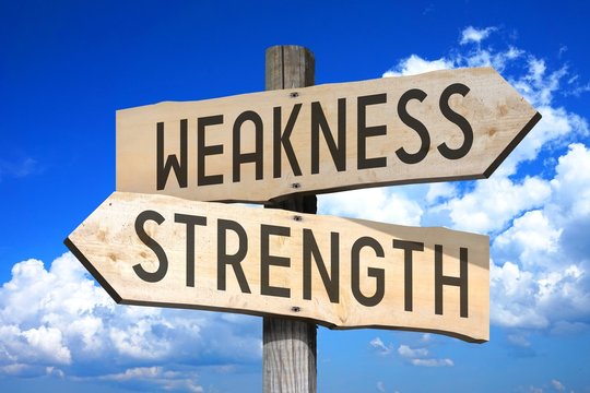 Weakness, strength - wooden signpost
