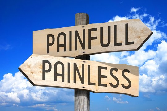 Painfull, painless - wooden signpost