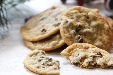 Homemade giant Chocolate chip cookies on holiday background, selective focus