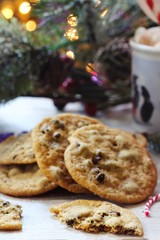 Homemade giant Chocolate chip cookies on holiday background, selective focus