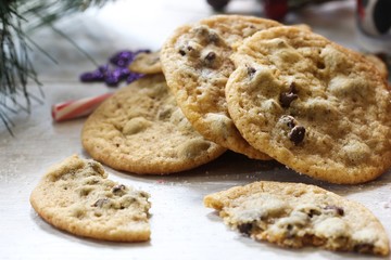 Homemade giant Chocolate chip cookies on holiday background, selective focus