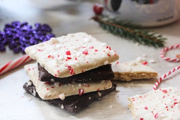 White and dark Chocolate covered holiday barks,selective focus