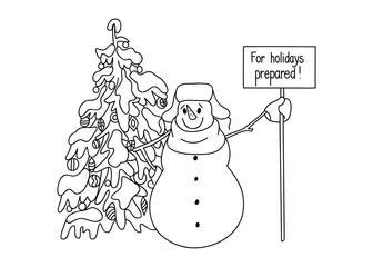 Funny snowman hand drawn cartoon style near a Christmas tree waiting for the onset of the holiday.
