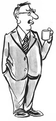 Black and white business illustration of businessman drinking a cup of coffee.