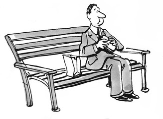 Black and white business illustration of a businessman eating lunch while seated on a park bench.