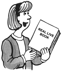 Black and white illustration of a teacher holding a real, live book.