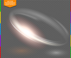 Circular lens flare transparent light effect. Abstract galaxy ellipse border. Luxury shining rotational glow line. Power energy element glowing ring trace. Round shiny frame. Vector circle magic trail