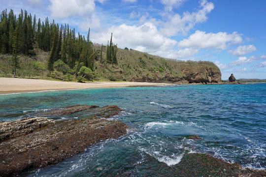Coastal landscape of New Caledonia, Turtle bay beach and cliff, Bourail, Grande Terre, south Pacific
