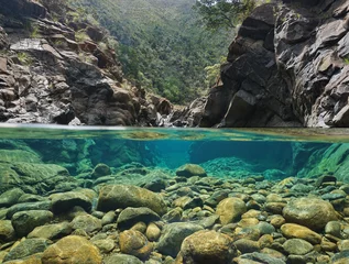 Selbstklebende Fototapete Fluss Felsen über und unter Wasser gespalten durch die Wasserlinie in einem Fluss mit klarem Wasser, Dumbea River, Neukaledonien?