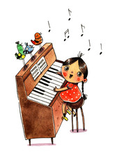 Watercolor piano and girl