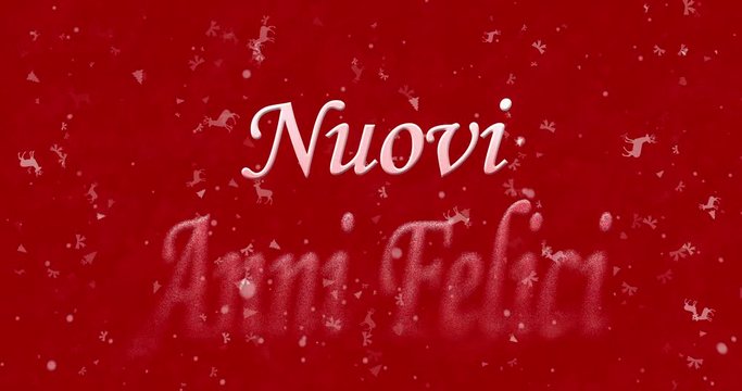 Happy New Year text in Italian "Nuovi anni felici" formed from dust and turns to dust horizontally on red animated background
