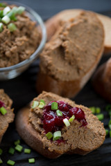 Close-up of chicken liver pate and cranberry sauce sandwiches