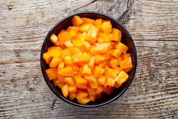 Bowl of chopped bell pepper, from above