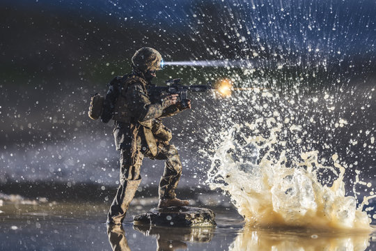 Soldier Shooting In The Water. It´s A Toy, Not A Real Person.