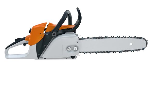 Chainsaw gasoline orange, white and black, modern style, alpha channel. 3D animation object loop