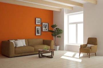 Fototapeta na wymiar Orange room with sofa. Scandinavian interior design