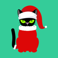 Santa Cat. Pet in Christmas hat. New Year illustration. Xmas tem